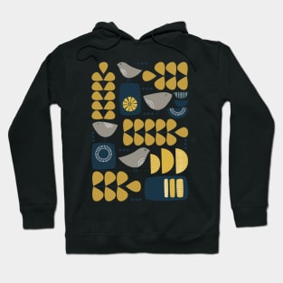 Retro Mid Century Modern Bird and Leaves in Navy Blue, Mustard Yellow and Grey Hoodie